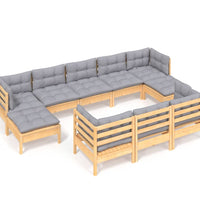 10-tlg. Garten-Lounge-Set mit Grauen Kissen Kiefer Massivholz