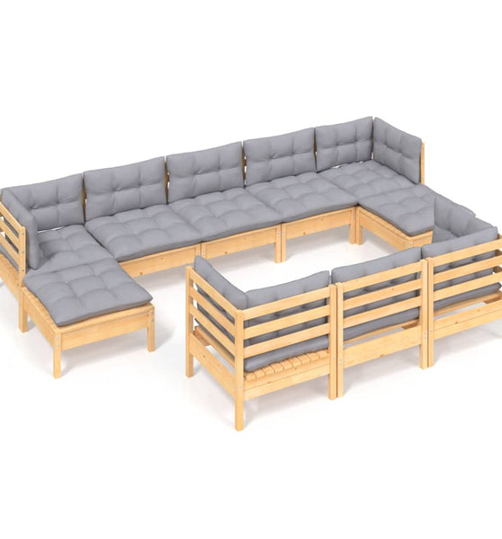 10-tlg. Garten-Lounge-Set mit Grauen Kissen Kiefer Massivholz