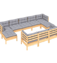 10-tlg. Garten-Lounge-Set mit Grauen Kissen Kiefer Massivholz
