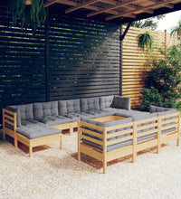 10-tlg. Garten-Lounge-Set mit Grauen Kissen Kiefer Massivholz