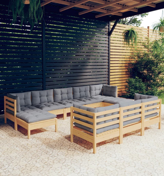 10-tlg. Garten-Lounge-Set mit Grauen Kissen Kiefer Massivholz