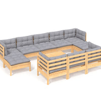 11-tlg. Garten-Lounge-Set mit Grauen Kissen Kiefer Massivholz