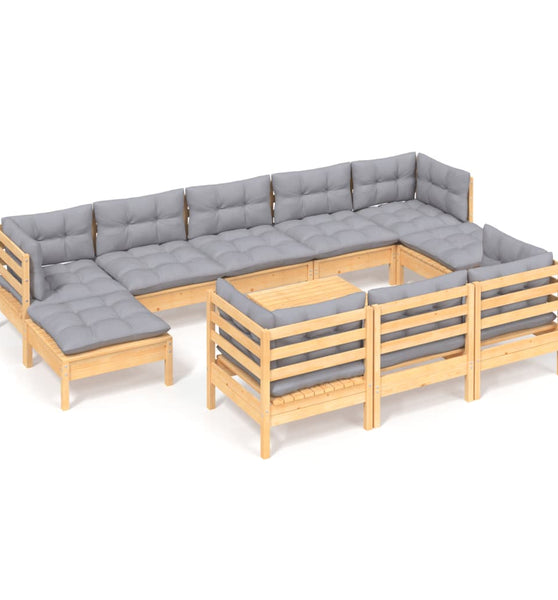 11-tlg. Garten-Lounge-Set mit Grauen Kissen Kiefer Massivholz