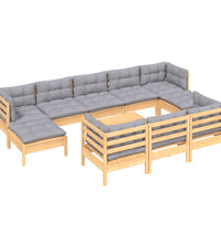 11-tlg. Garten-Lounge-Set mit Grauen Kissen Kiefer Massivholz