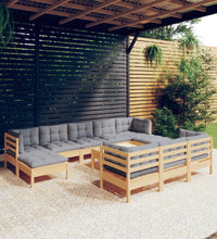 11-tlg. Garten-Lounge-Set mit Grauen Kissen Kiefer Massivholz