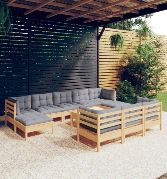 11-tlg. Garten-Lounge-Set mit Grauen Kissen Kiefer Massivholz