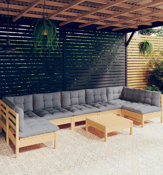 8-tlg. Garten-Lounge-Set mit Grauen Kissen Kiefer Massivholz
