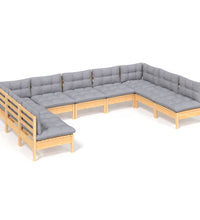 9-tlg. Garten-Lounge-Set mit Grauen Kissen Kiefer Massivholz