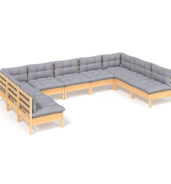 9-tlg. Garten-Lounge-Set mit Grauen Kissen Kiefer Massivholz
