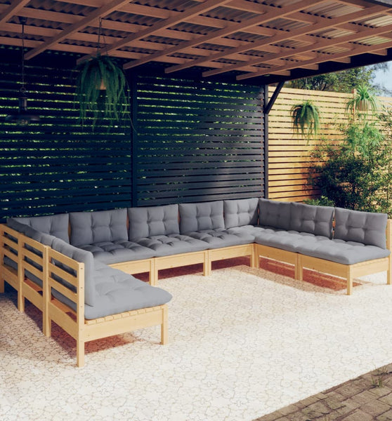 9-tlg. Garten-Lounge-Set mit Grauen Kissen Kiefer Massivholz