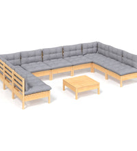 10-tlg. Garten-Lounge-Set mit Grauen Kissen Kiefer Massivholz