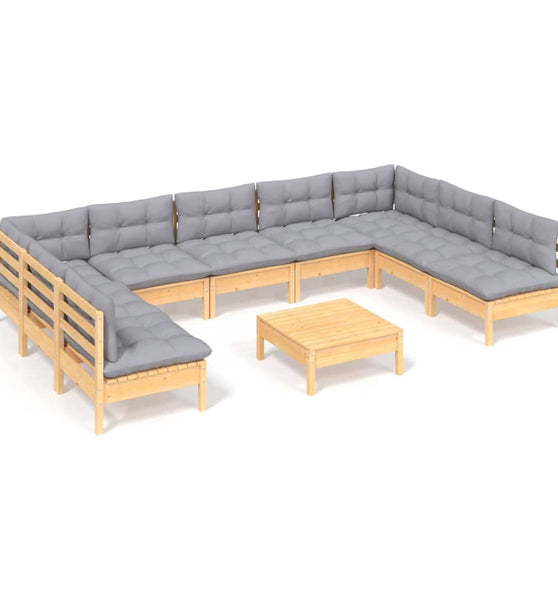 10-tlg. Garten-Lounge-Set mit Grauen Kissen Kiefer Massivholz