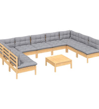 10-tlg. Garten-Lounge-Set mit Grauen Kissen Kiefer Massivholz