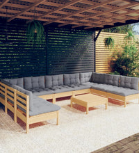 10-tlg. Garten-Lounge-Set mit Grauen Kissen Kiefer Massivholz