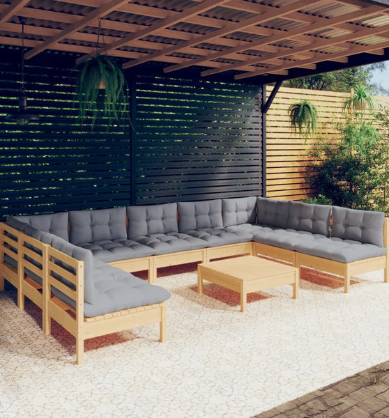 10-tlg. Garten-Lounge-Set mit Grauen Kissen Kiefer Massivholz