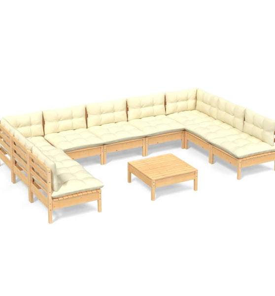 10-tlg. Garten-Lounge-Set mit Creme Kissen Massivholz Kiefer