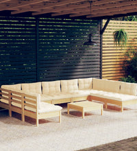 10-tlg. Garten-Lounge-Set mit Creme Kissen Massivholz Kiefer