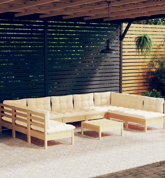 10-tlg. Garten-Lounge-Set mit Creme Kissen Massivholz Kiefer
