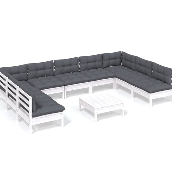 10-tlg. Garten-Lounge-Set mit Kissen Weiß Kiefer Massivholz