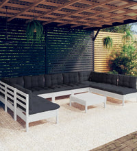 10-tlg. Garten-Lounge-Set mit Kissen Weiß Kiefer Massivholz