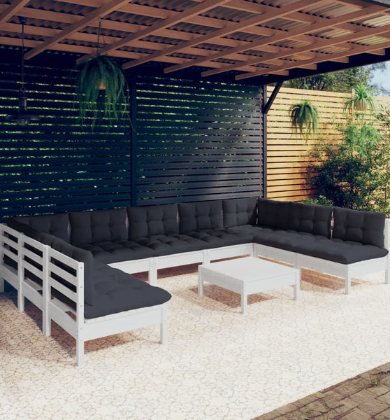 10-tlg. Garten-Lounge-Set mit Kissen Weiß Kiefer Massivholz