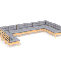 10-tlg. Garten-Lounge-Set mit Grauen Kissen Kiefer Massivholz