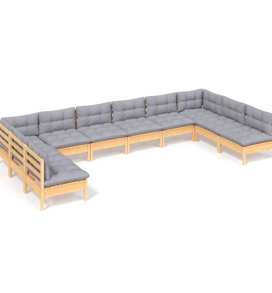 10-tlg. Garten-Lounge-Set mit Grauen Kissen Kiefer Massivholz
