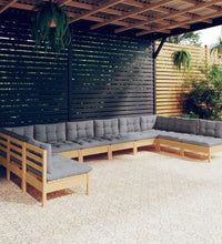 10-tlg. Garten-Lounge-Set mit Grauen Kissen Kiefer Massivholz
