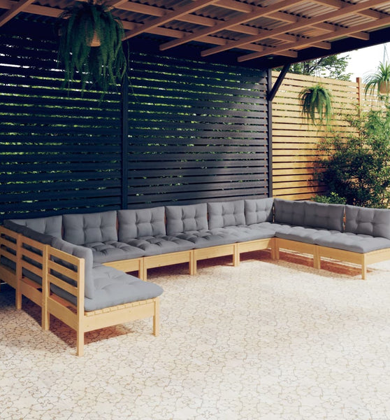 10-tlg. Garten-Lounge-Set mit Grauen Kissen Kiefer Massivholz