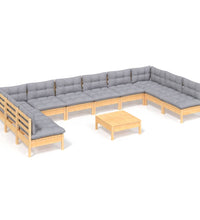 11-tlg. Garten-Lounge-Set mit Grauen Kissen Kiefer Massivholz