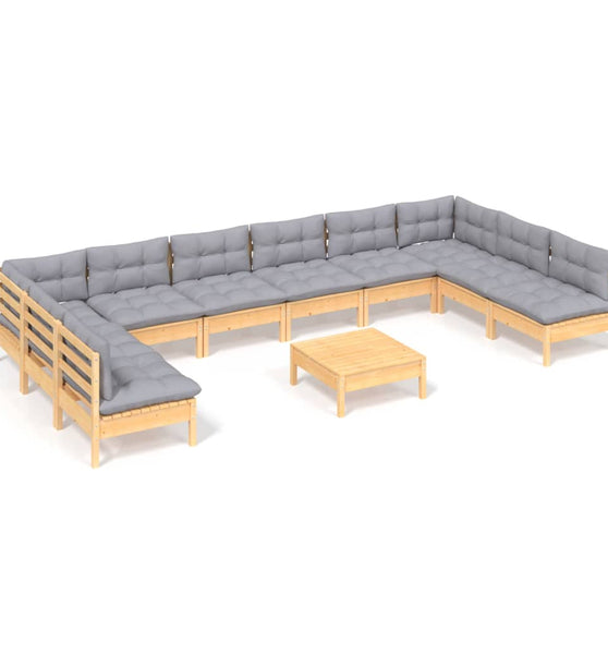 11-tlg. Garten-Lounge-Set mit Grauen Kissen Kiefer Massivholz