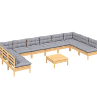 11-tlg. Garten-Lounge-Set mit Grauen Kissen Kiefer Massivholz