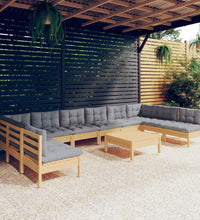11-tlg. Garten-Lounge-Set mit Grauen Kissen Kiefer Massivholz