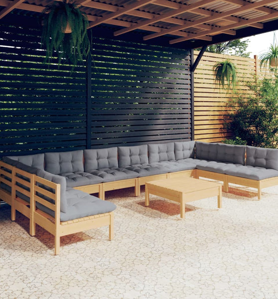 11-tlg. Garten-Lounge-Set mit Grauen Kissen Kiefer Massivholz
