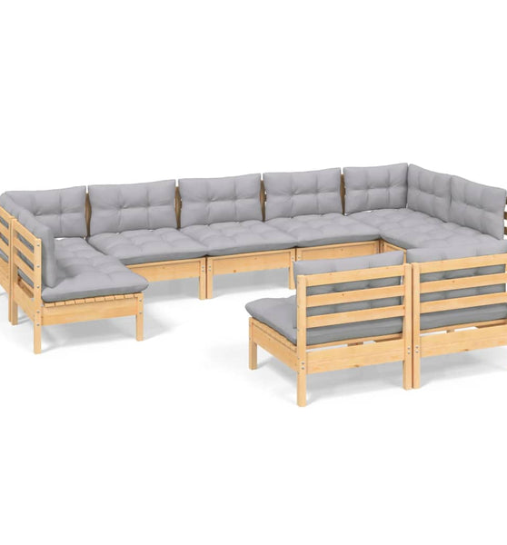 9-tlg. Garten-Lounge-Set mit Grauen Kissen Kiefer Massivholz