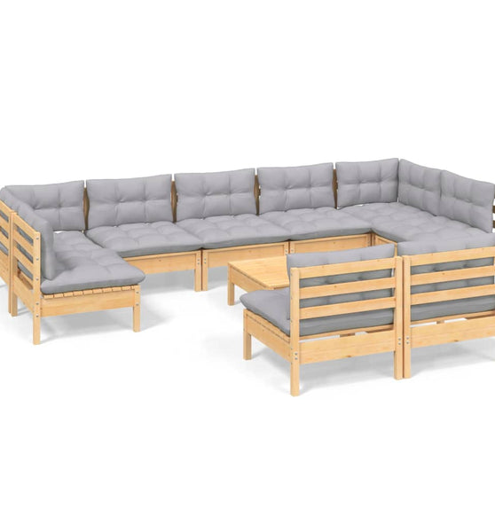 10-tlg. Garten-Lounge-Set mit Grauen Kissen Kiefer Massivholz