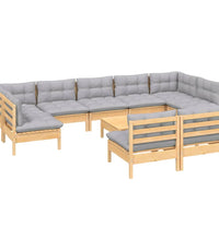 10-tlg. Garten-Lounge-Set mit Grauen Kissen Kiefer Massivholz