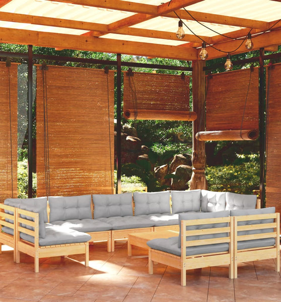 10-tlg. Garten-Lounge-Set mit Grauen Kissen Kiefer Massivholz