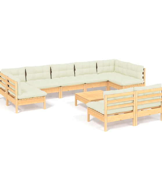 10-tlg. Garten-Lounge-Set mit Creme Kissen Massivholz Kiefer