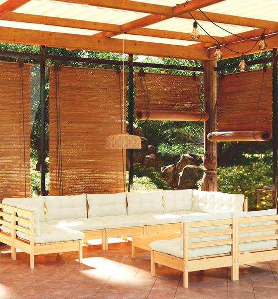 10-tlg. Garten-Lounge-Set mit Creme Kissen Massivholz Kiefer