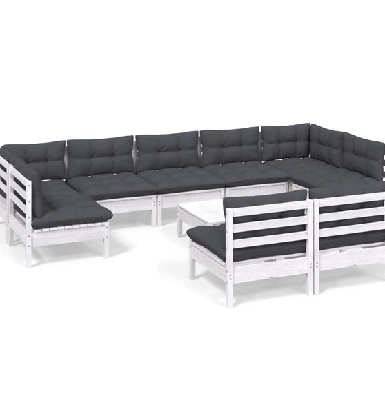 10-tlg. Garten-Lounge-Set mit Kissen Weiß Kiefer Massivholz