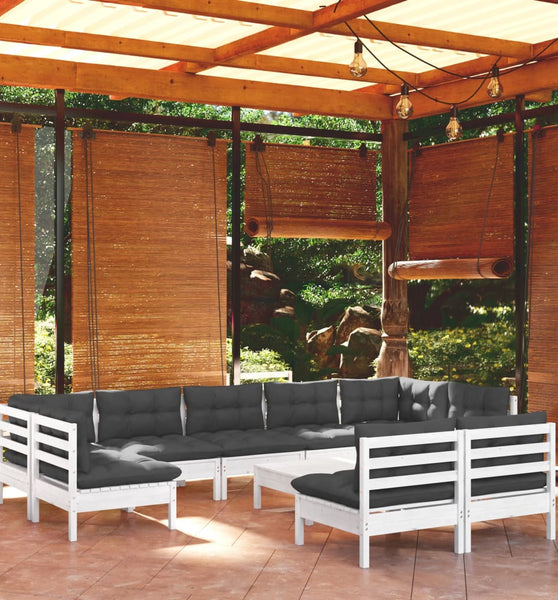 10-tlg. Garten-Lounge-Set mit Kissen Weiß Kiefer Massivholz