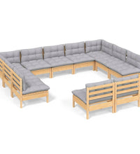 11-tlg. Garten-Lounge-Set mit Grauen Kissen Kiefer Massivholz