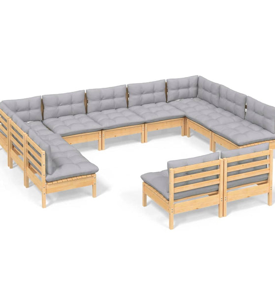 11-tlg. Garten-Lounge-Set mit Grauen Kissen Kiefer Massivholz