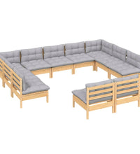 11-tlg. Garten-Lounge-Set mit Grauen Kissen Kiefer Massivholz