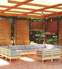 11-tlg. Garten-Lounge-Set mit Grauen Kissen Kiefer Massivholz