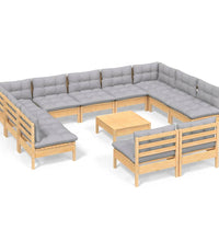 12-tlg. Garten-Lounge-Set mit Grauen Kissen Kiefer Massivholz