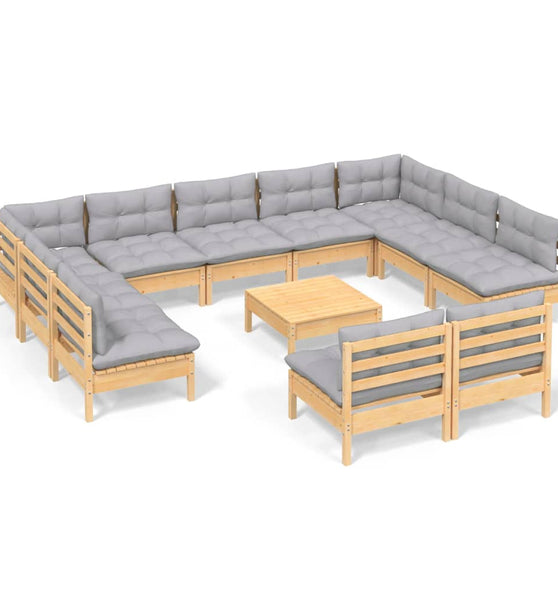 12-tlg. Garten-Lounge-Set mit Grauen Kissen Kiefer Massivholz