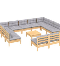 12-tlg. Garten-Lounge-Set mit Grauen Kissen Kiefer Massivholz