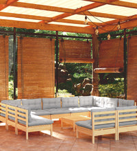 12-tlg. Garten-Lounge-Set mit Grauen Kissen Kiefer Massivholz